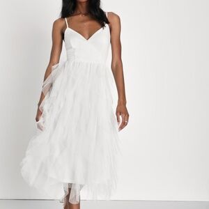 Lulus Breathtaking Essence White Swiss Dot Mesh Ruffled Midi Dress - Size XS